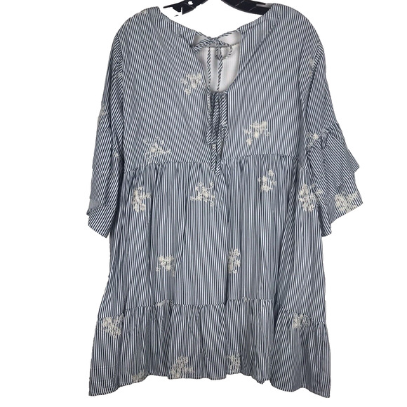 Lumiere Tiered Mini Dress Short Sleeve Embroidered Blue White Striped Size Small - Picture 4 of 8